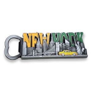 New York Bottle Beer Opener Fridge Magnet Liberty Statue NY Taxi Brooklyn Bridge